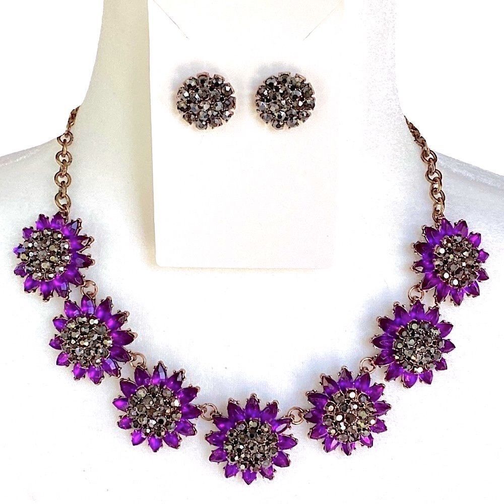 Floral Rhinestone Statement Necklace Matching Earrings